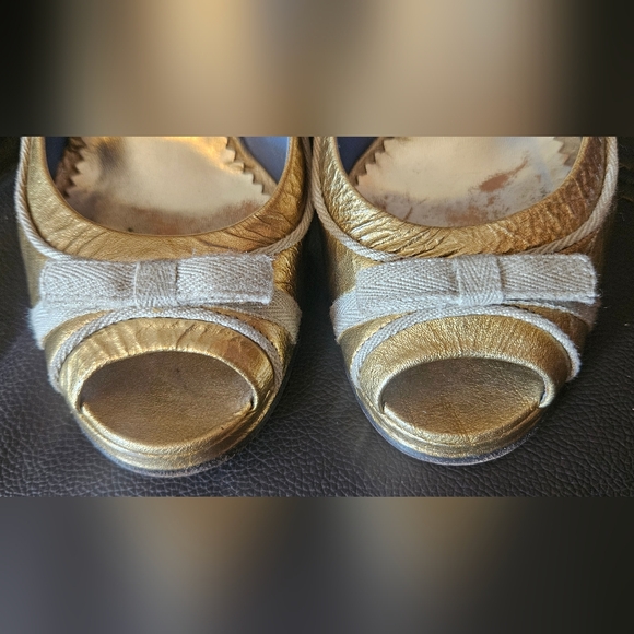 Marc Jacobs Gold Leather Peep Toe Bow Pumps Open Toe Chunky High Heels Size 37 6 - Picture 11 of 16